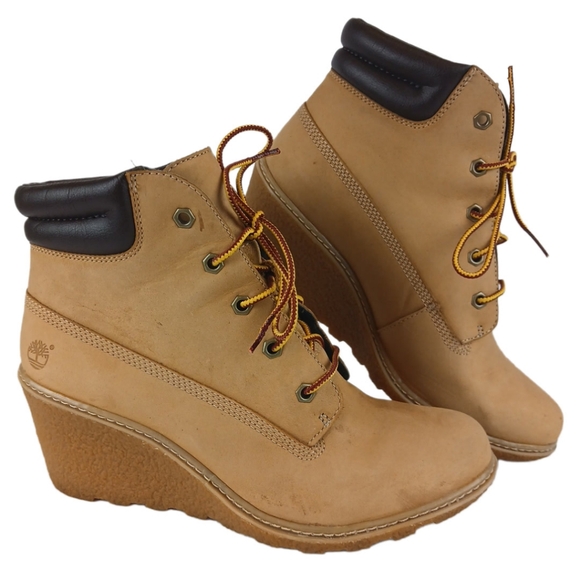 Timberland 8 Tan Brown Red Yellow Wedge Booties Ankle Boots Womens Laces Leather - Picture 2 of 16